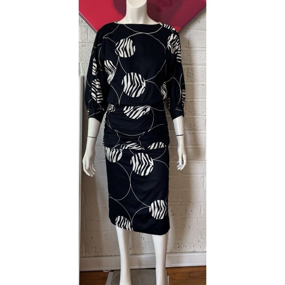 VTG Dress Sz 6 1980s Black & White Abstract Print Below Knee Waist 3/4 Sleeves - Picture 1 of 16